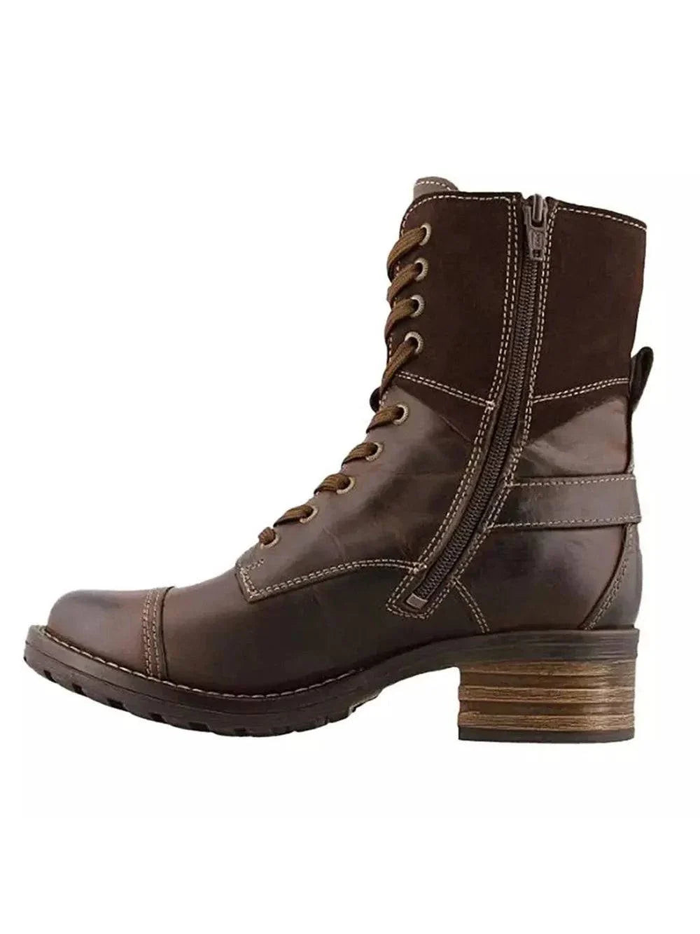Brown lace-up block heel boots with side zipper and mid heel made of rubber and PU leather