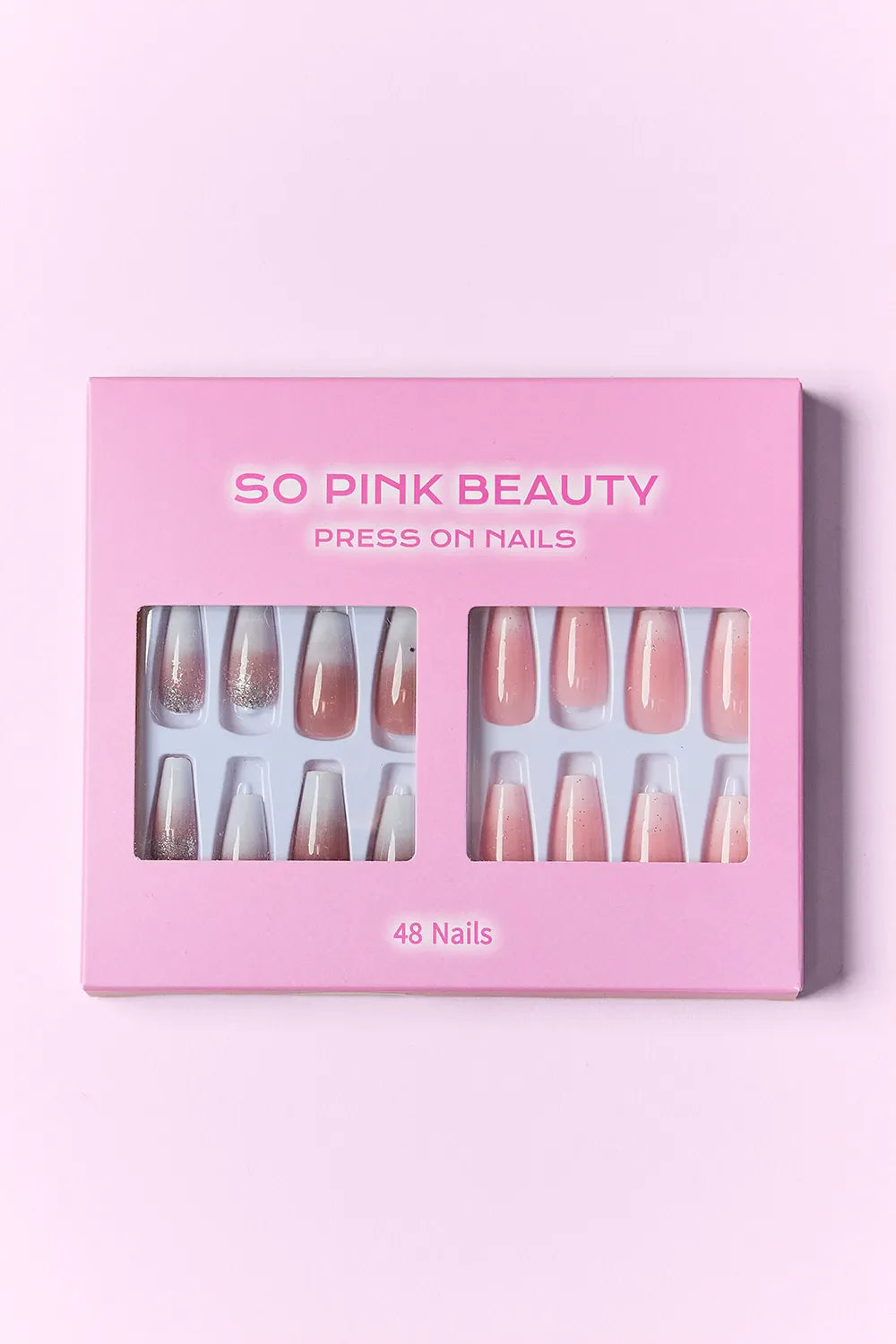 So Pink Beauty Press On Nails two pack with 48-piece natural and glitter nail designs in pink box