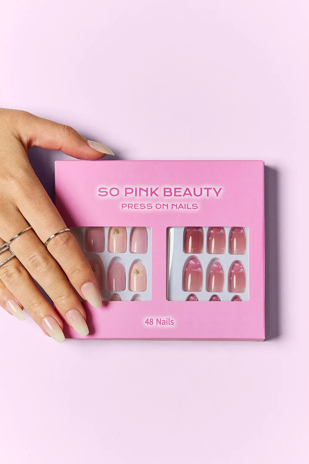 SO PINK BEAUTY Press On Nails two-pack set with 48 pieces and glue in pink packaging