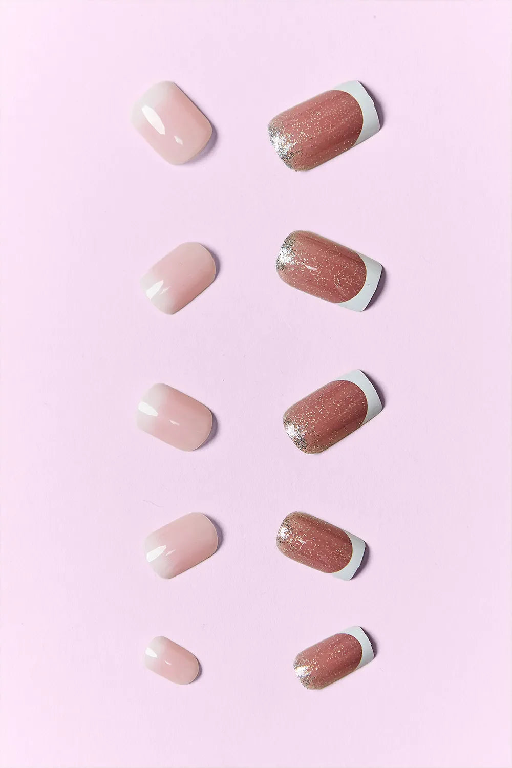 Two designs of So Pink Beauty press on nails, light pink and glittery rose gold, displayed on a pink background