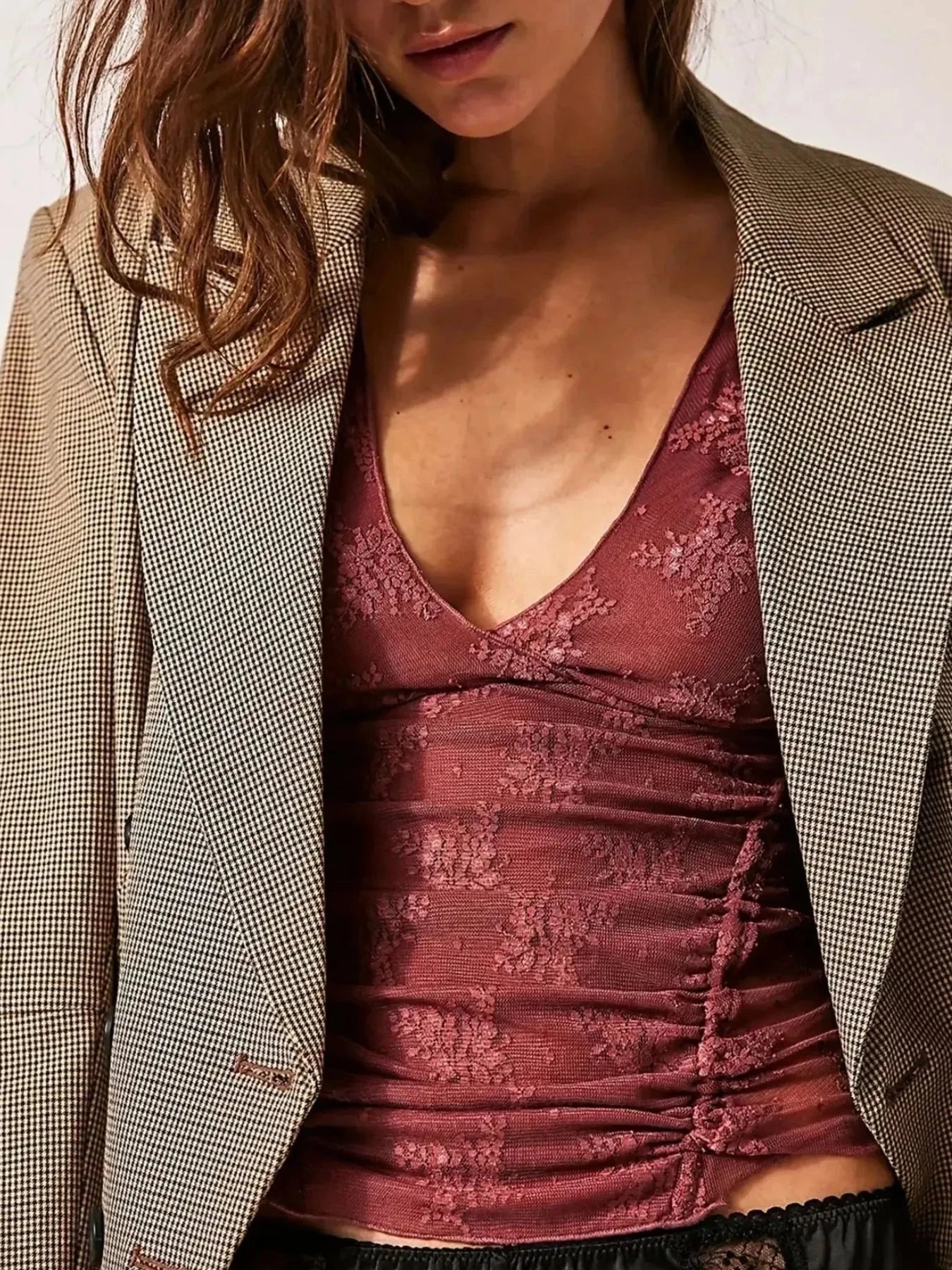 Lace Cap Sleeve T-Shirt with Ruched Design.