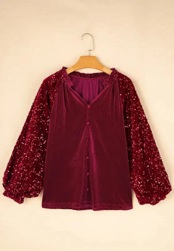 Burgundy Sequin Notched Long Sleeve Blouse with velvet front and sparkly sleeves