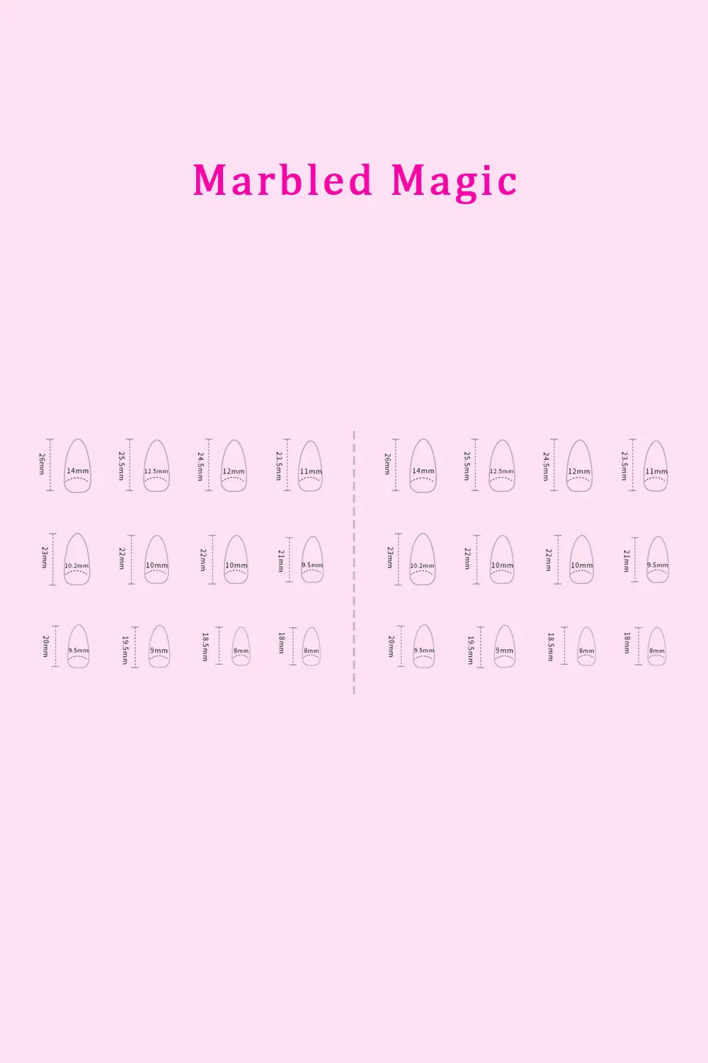 Diagram showing measurements and sizes for So Pink Beauty Press On Nails Marbled Magic design