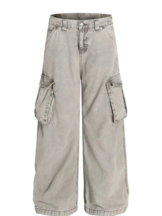 Men's Washed Wide Leg Cargo Jeans with Multiple Pockets