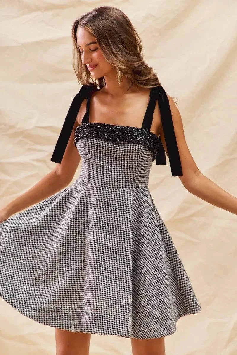 SO ME Houndstooth Fit Flare Mini Dress with Shoulder Tie for a Trendy Look.