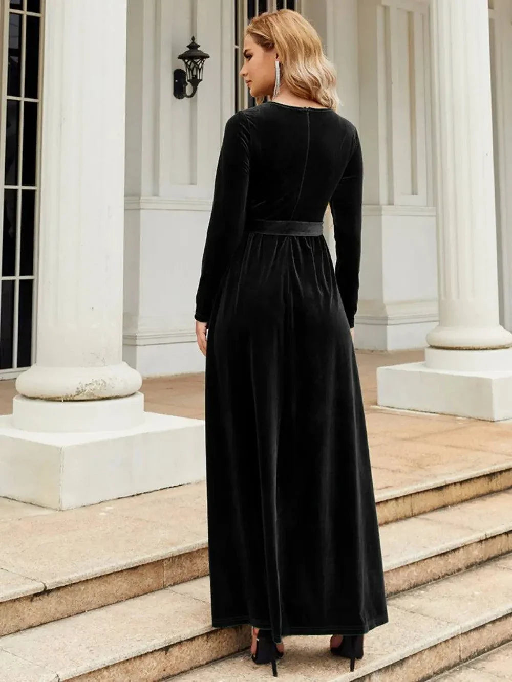Black tie front long sleeve maxi dress with round neck and slight stretch polyester fabric