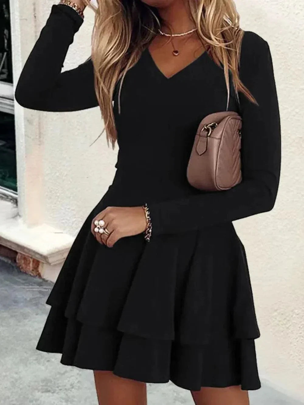 Plus Size V-Neck Mini Dress with Layered Long Sleeves.