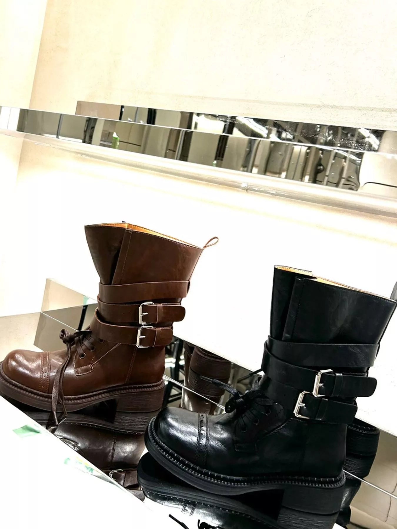 Buckled Leather Block Heel Boots.