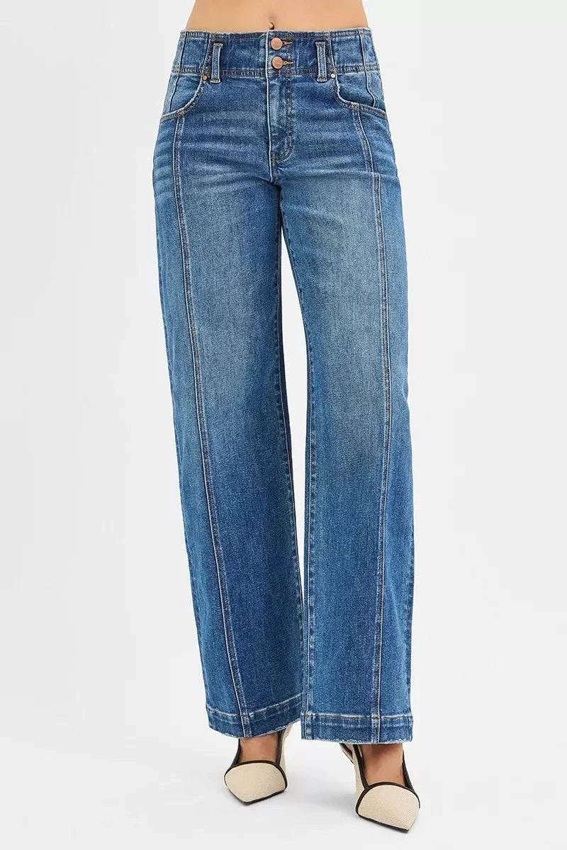 RISEN Mid Rise Fit wide baggy jeans with button closure and pockets in blue denim