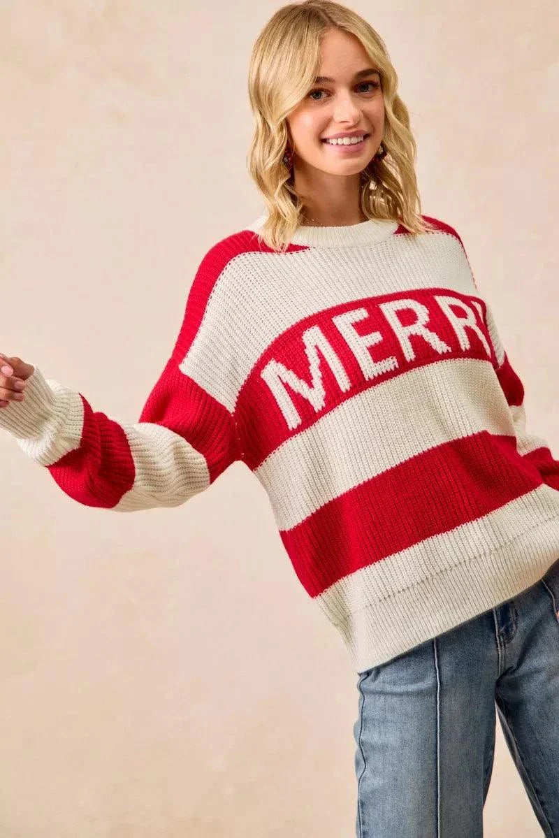 BiBi Christmas Merry Lettering Sweater red and cream ribbed knit oversized pullover with MERRY text