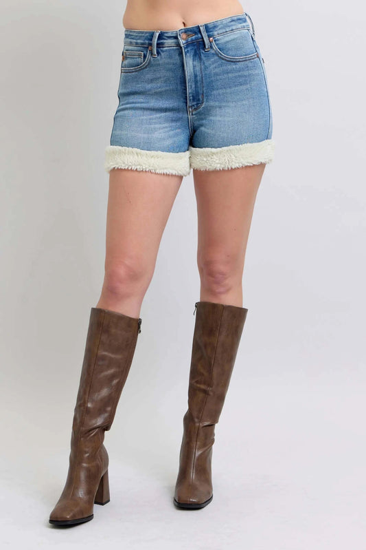Judy Blue Plus Size Tummy Control Denim Shorts with High Waist and Shearling Cuff - Redemption By Ashley North
