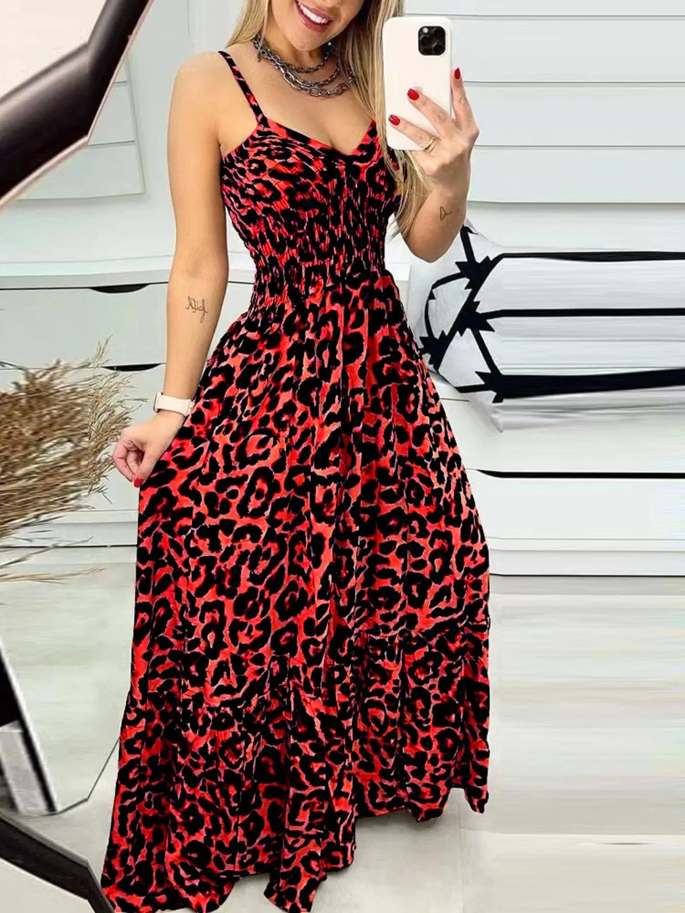 Full Size Leopard Print Dress - Spaghetti Strap Maxi Dress for Plus Size Fashion.