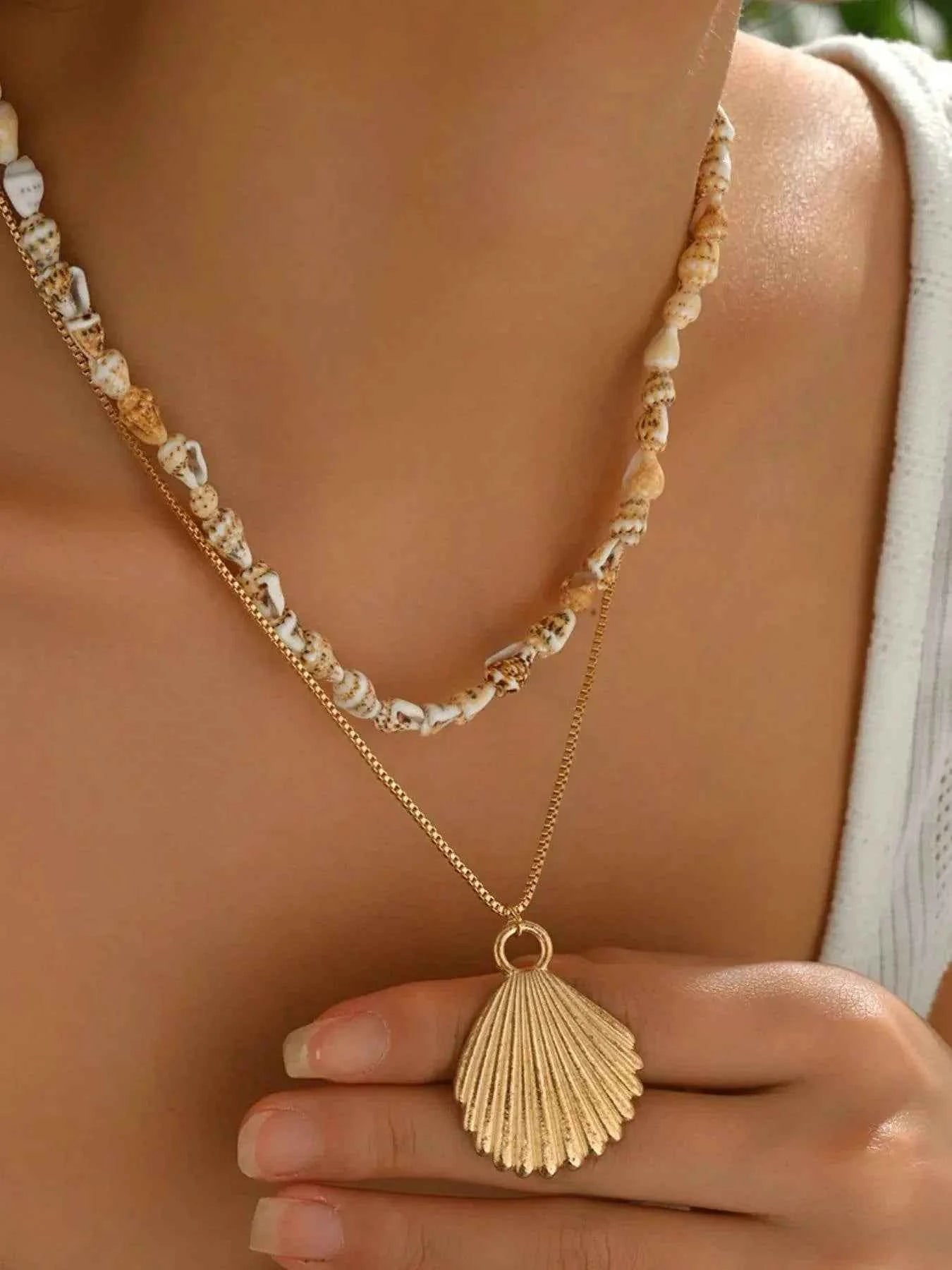 18K Gold-Plated Shell Pendant Necklace - Layered Shell Design.