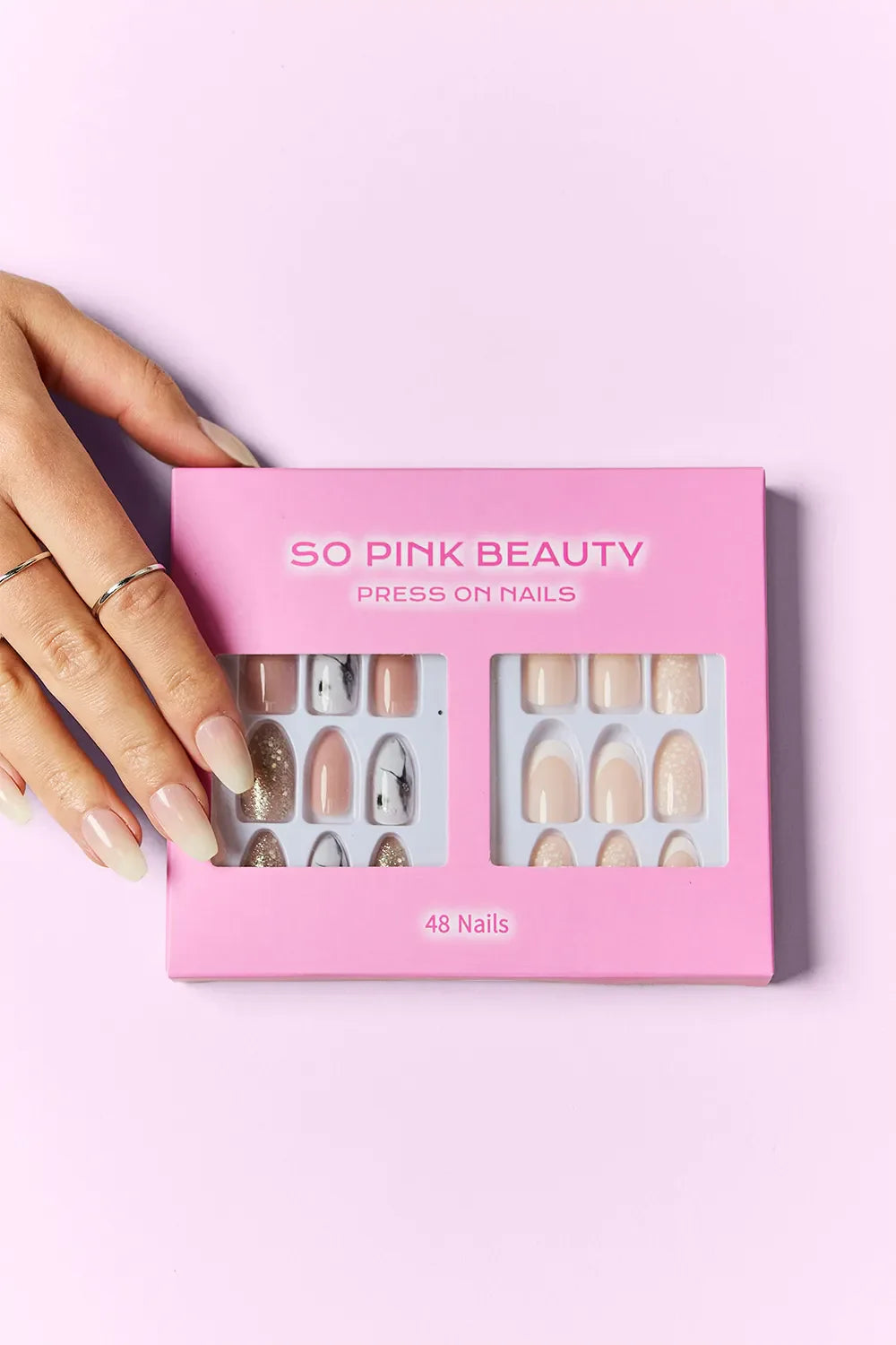 SO PINK BEAUTY Press On Nails 2 Packs with 48 pieces and adhesive glue in pink packaging