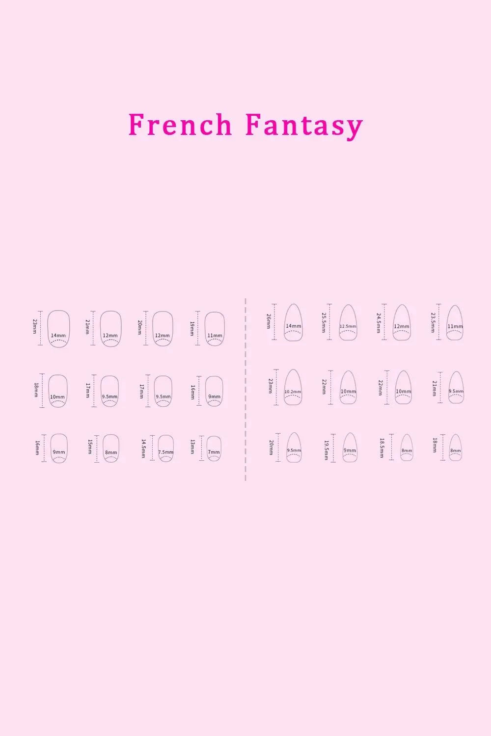 SO PINK BEAUTY French Fantasy press-on nails size guide with measurements on pink background