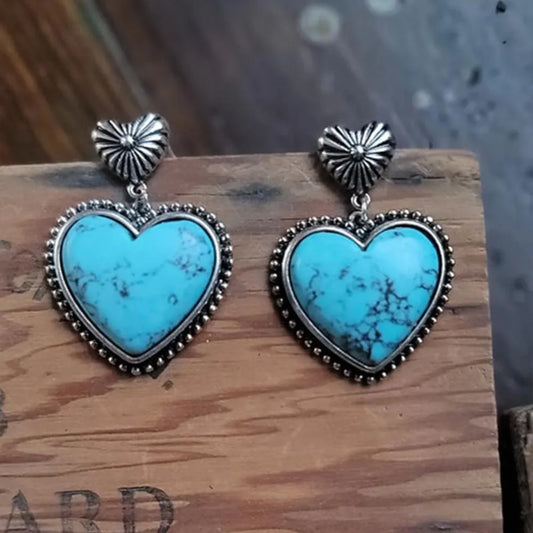 Artificial turquoise alloy heart dangle earrings with silver-plated detailing