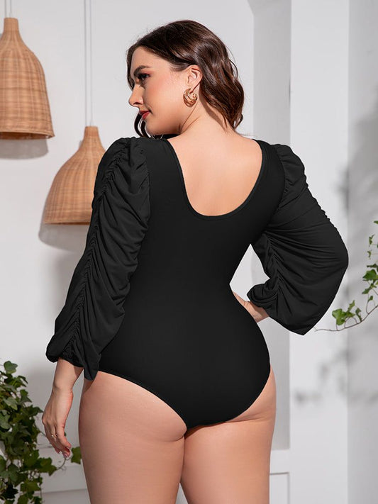 Plus Size One Piece Swimsuit with Tied Deep V and Balloon Sleeves - Redemption By Ashley North