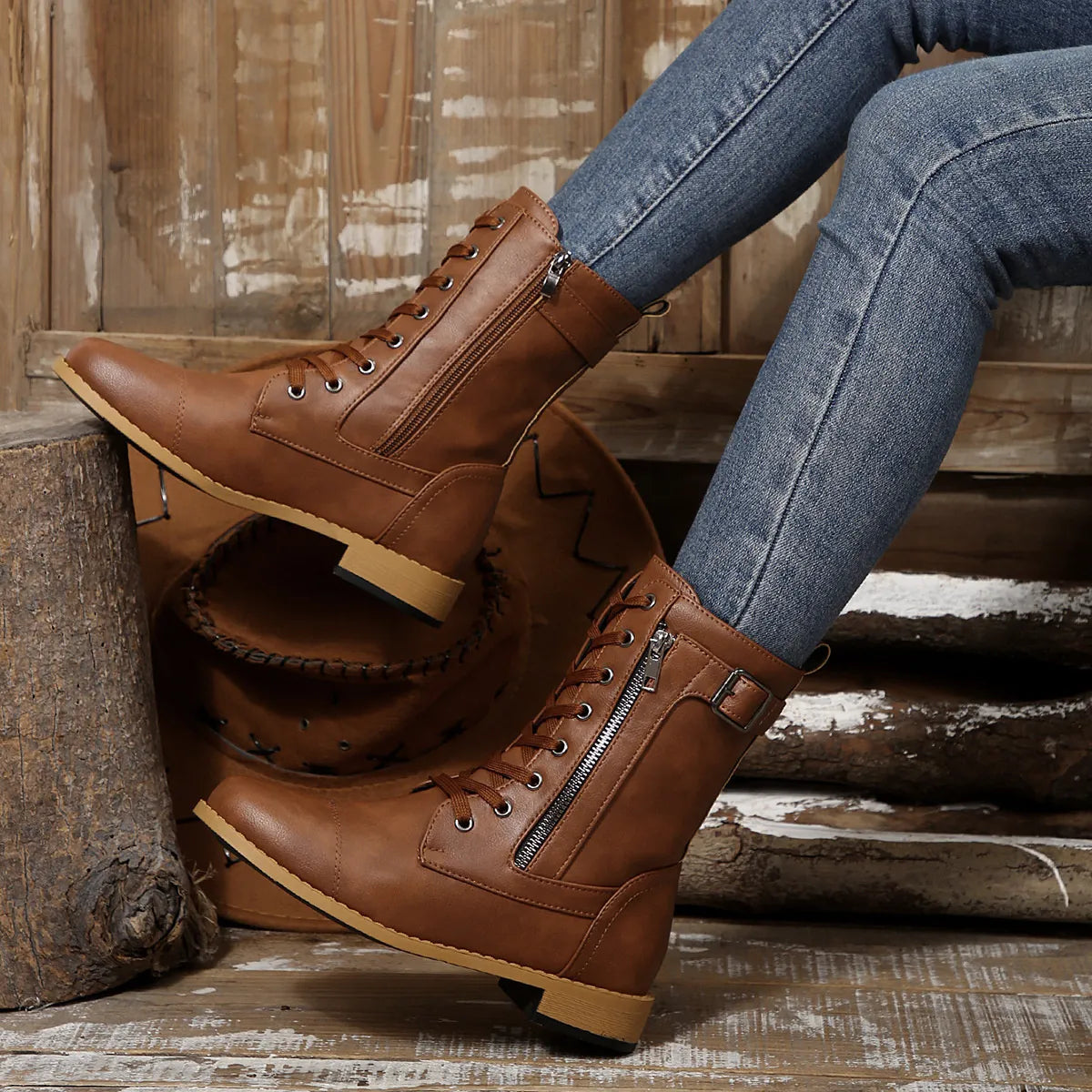 Round Toe Lace Up Block Heels Boots.